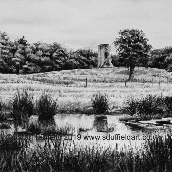 A square charcoal drawing of Knepp ruin across a small, marshy stream of the river Adur.