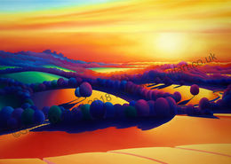 "Looking West" Greeting Card or Mini Print Greeting Card of Warm deeply coloured and abstracted, landscape by Sussex artist Sarah Duffield. View of Chanctonbury ring, Bramber castle and river Adur at sunset from high up on Beeding hill.