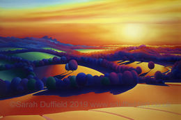 "Looking West" a Horsham District Year of Culture commission. Warm deeply coloured and abstracted, landscape oil painting for Horsham District Year of Culture by Sussex artist Sarah Duffield. View of Chanctonbury ring, Bramber castle and river Adur at sunset from high up on Beeding hill.