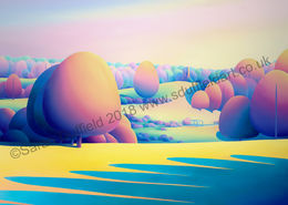"Rewilding" Greeting Card or Mini Print Sunrise at Knepp estate, stylised round pink, peach trees. Knepp castle ruins can be seen in the distance.