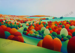 "Rise and Fall" Abstracted oil painting by artist Sarah Duffield of a view looking down and across the valley from the Arundel castle folly. Autumn coloured and ever green trees line a valley with rolling hills in the distance.
