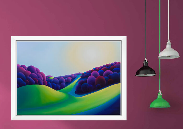 Modern, bold Landscape painting by Artist Sarah Duffield. Deep purple, circular trees surround a deep valley filled with sunlight.