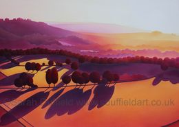 "The Gloaming" Mini print or Greeting card A modern orange, yellow sunset over the South Downs with deep red trees casting long purple shadows.