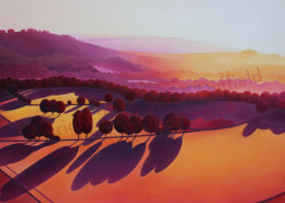 "The Gloaming" A modern orange, yellow sunset over the South Downs with deep red trees casting long purple shadows.