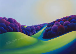 "Warm Repose" Abstracted oil painting by artist Sarah Duffield of a pathway through a deep valley.The midday sun streams down the sides of the vivid green valley along with large clumps of warm blue/purple circular trees in shadow.