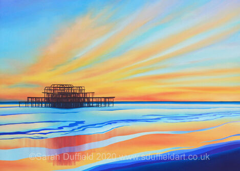 Modern Oil Painting of the West pier with a flared sunset behind and reflection in low tide - complementary blues and orange