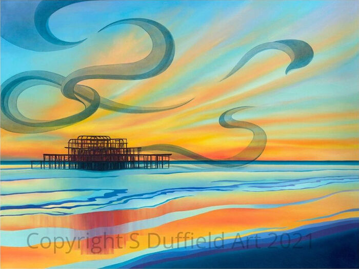 Brighton West Pier with vivid sunset behind reflected in abstracted still water. Abstracted Starling murmurations swirl in the sky.