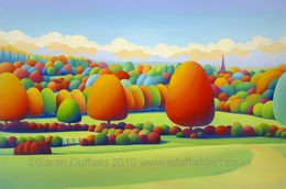 "Worth the Wait" a Horsham District Year of Culture commission. Colourful, abstracted landscape by Sarah Duffield of Chesworth farm in Horsham. A pathway through a field leads to Autumn oranges and cool blue circular trees against an art deco inspired sky, church spire is visible.