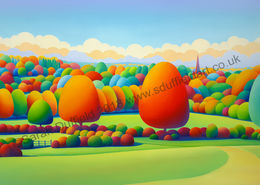 "Worth the Wait" Greeting Card or Mini Print Colourful, abstracted landscape by Sarah Duffield of Chesworth farm in Horsham. A pathway through a field leads to Autumn oranges and cool blue circular trees against an art deco inspired sky, church spire is visible.