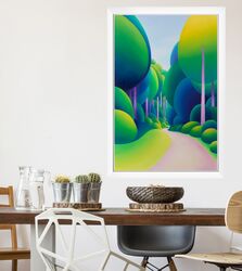"Into the Arboretum" Original landscape painting hanging in a scandinavian dining room setting. Bold colourful Oil painting of an avenue of abstracted trees with a path leading through.