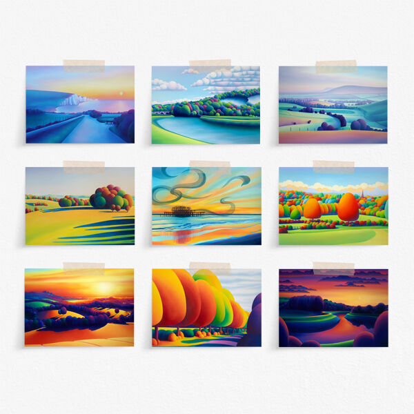 Pack of Nine, mixed, Straight edge 7x5 inch greeting cards