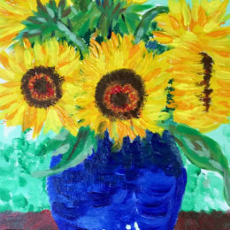 Sunflowers in a blue vase. Student image from Van Gough workshop