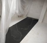 Inside and Under, cellar instalation, residency at Textile Candy, Morecambe,comprising of fine polythene dust sheets, roof felt, white string