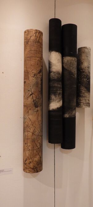 Worldscape I, double sided etchings formed into cylinders held with small magnets. As part of 2-person exhibition, In Praise of Shadows, CASC, Chester