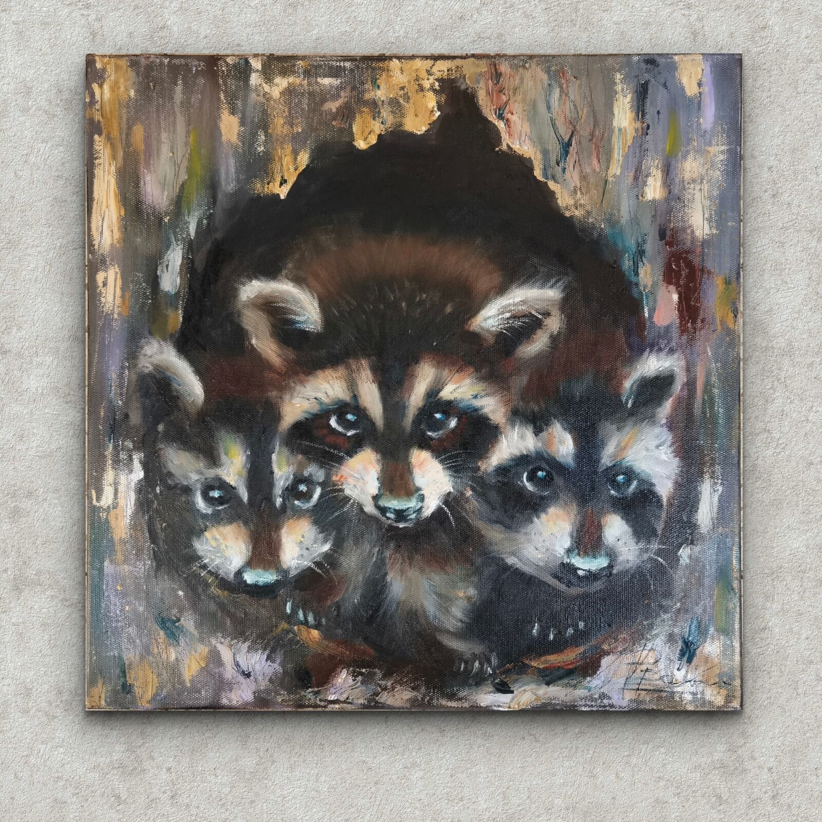 1512 Raccoon Family (2025), Oil Painting on canvas