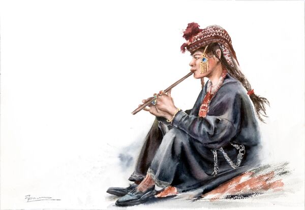 Dardic musician - Original Watercolor Painting. Size 20 x 14 in, Price 400$