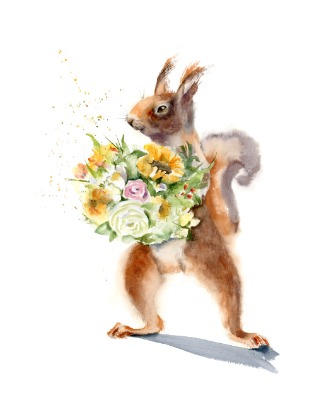 Squirrel and Flowers - Original Watercolor Painting. SOLD Squirrel and Flowers- watercolor prints