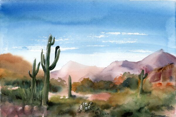 Saguaro Valley - Original Watercolor Painting, ize: 18" x 12", Price 350$