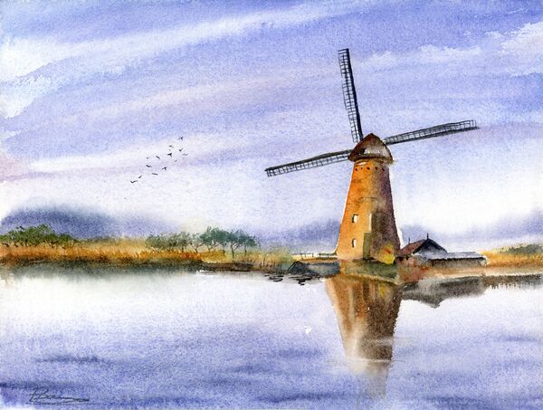 Reflections of the Windmill - Original Watercolor Painting, Size: 15" x 11", Price 225$