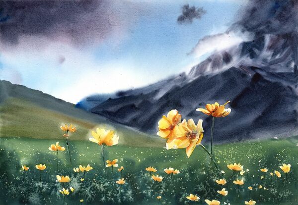 Golden Field - Original Watercolor Painting. Size: 20x14 inches, Price: 450$ Golden Field