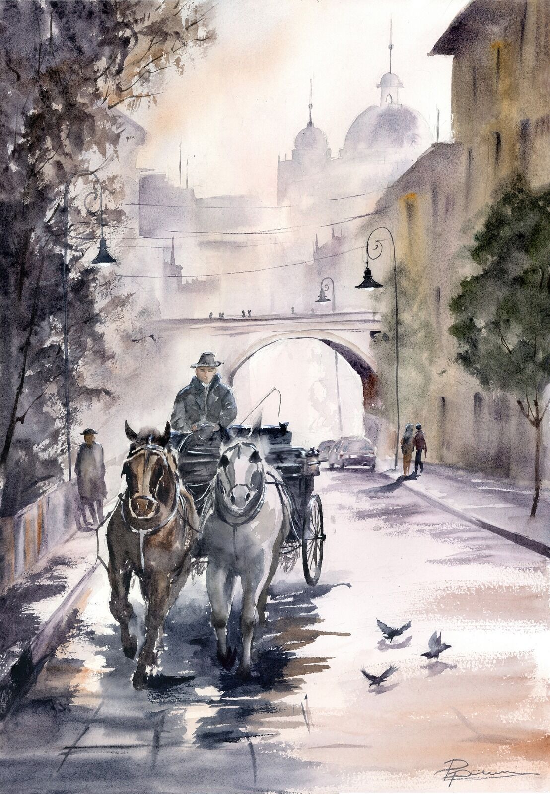 City - Original Watercolor Painting, 1524