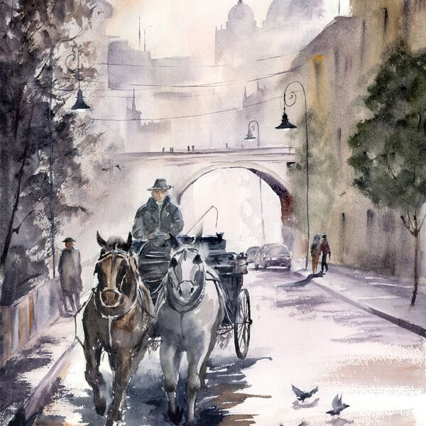 City - Original Watercolor Painting, 1524