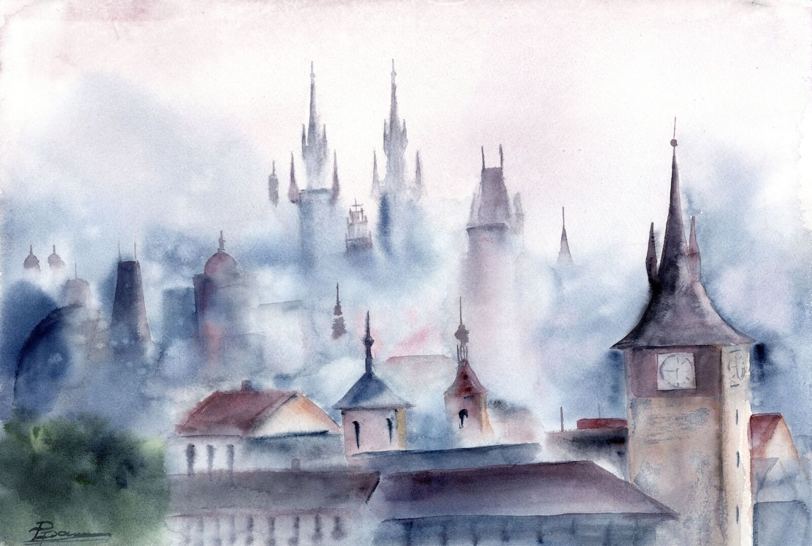 City in Mist - Original Watercolor Painting, Size 18 x 12", created in 2026, Price 315$