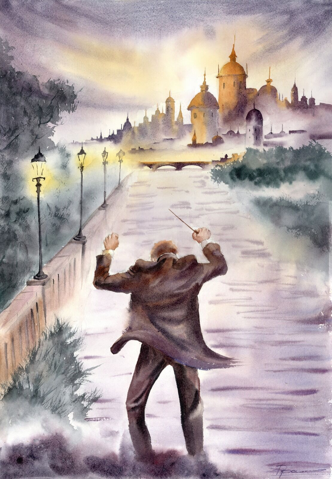 Ruins in Minor (Fog Symphony) - Original Watercolor Painting. 2026, size 14 × 20 inches, price 500$ (Fog Symphony) - Original Watercolor Painting, 1528