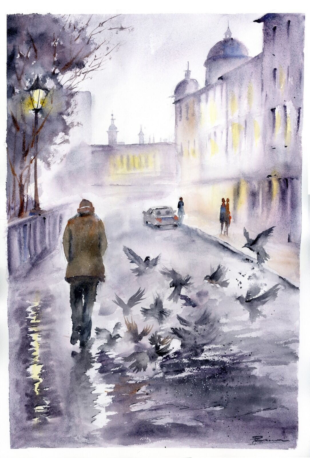The pigeons take off - Original Watercolor Painting, created un 2026, size: 14x20 inches, price is 450$
