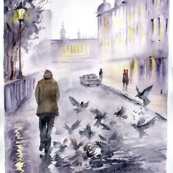 The pigeons take off - Original Watercolor Painting, created un 2026, size: 14x20 inches, price is 450$