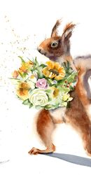 Squirrel and Flowers- original watercolor painting by PaintisPassion. Size: 11.9 x 15.7 in Squirrel and Flowers- original watercolor painting 886