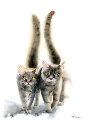 Two Cats Walking - Original Watercolor Painting. SOLD
