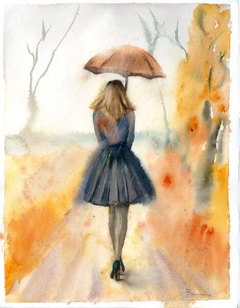 Woman in Autumn - Original Watercolor Painting. SOLD