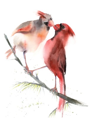 Kissing birds - Original Watercolor Painting. Size: 11 x 16 inches, Price: 190$ Kissing birds - Original Watercolor Print