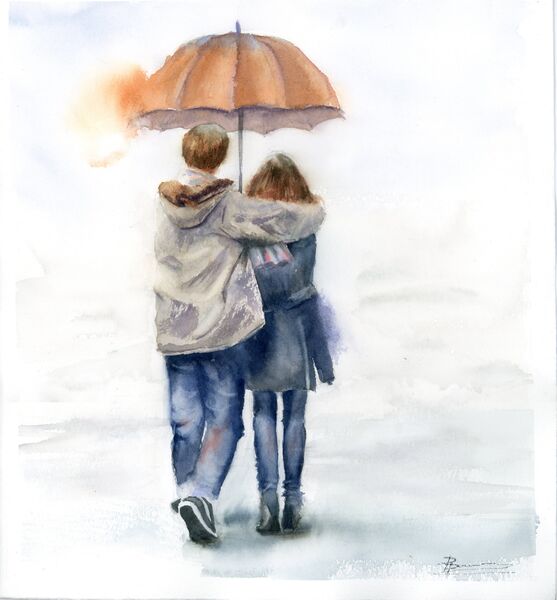 Pair under umbrella - Original Watercolor Painting. SOLD