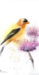 Goldfinch on flower - Original Watercolor Painting (Size: 11.2 x 14.5 in) Goldfinch on flower - Original Watercolor Painting (706)