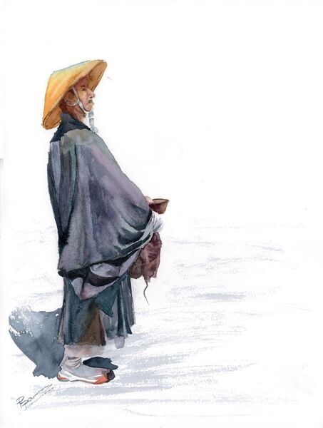 Japanese Monk - Original Watercolor Painting. SOLD