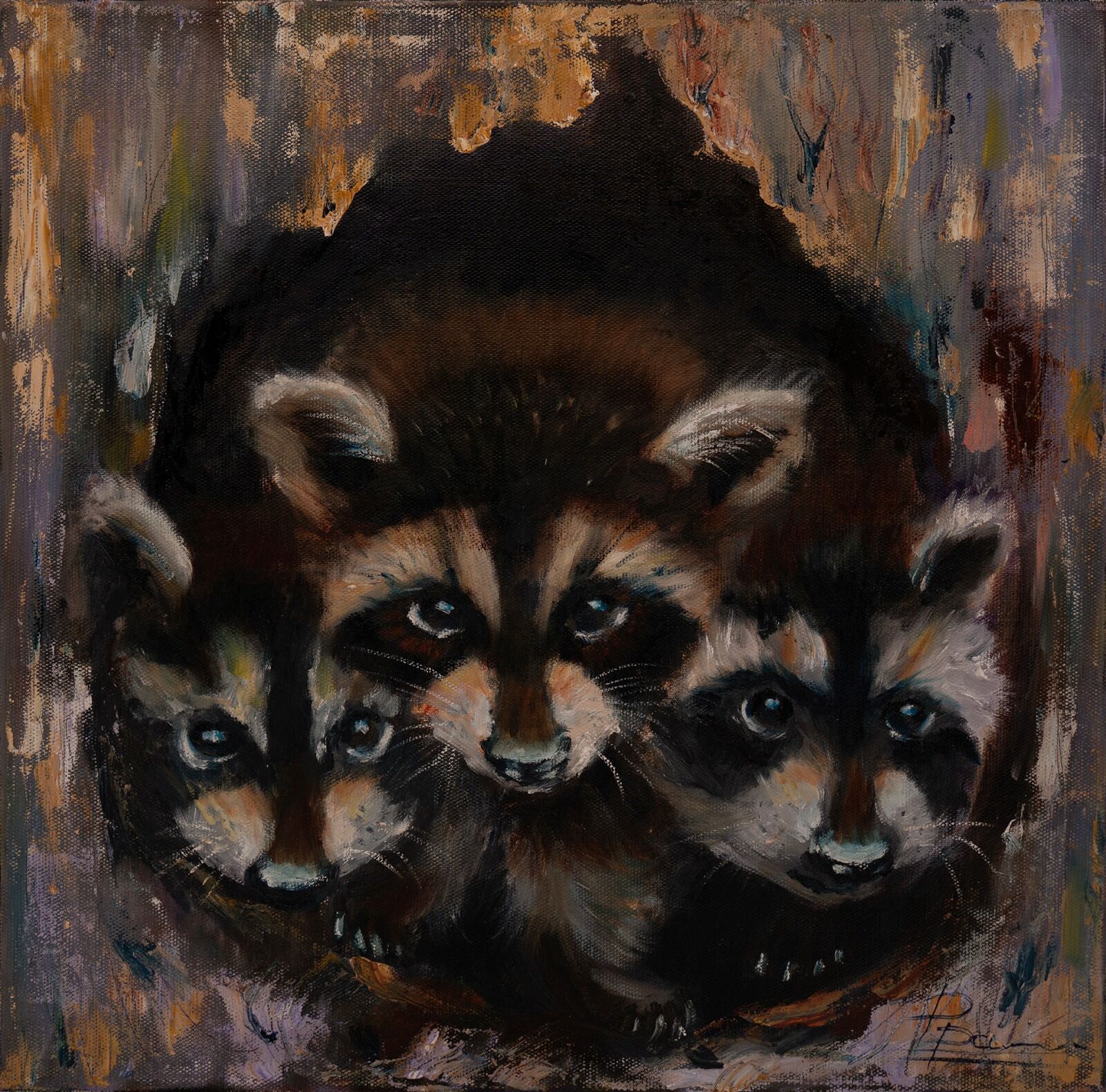 1512 Raccoon Family (2025), Oil Painting on canvas