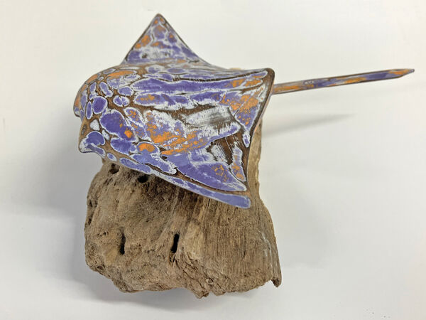 A carved Stingray on driftwood