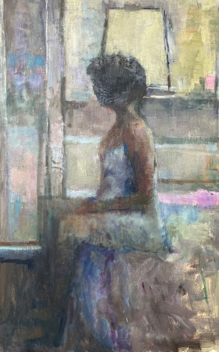 Interior with seated woman Oil 22 x 32cms