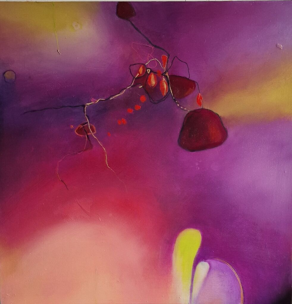 Fine, wandering filaments carry small red signals across a shifting violet field
