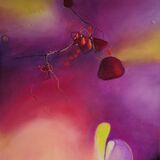 Fine, wandering filaments carry small red signals across a shifting violet field
