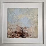 Soft abstract painting in cool winter tones with pale blues, greys, and whites blending together, accented by delicate linear marks and subtle textured areas that suggest movement through a cold, bracing landscape.