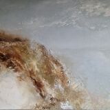 Abstract painting in cool, pale tones with soft blues and whites blending across the canvas, accented by fine linear marks that suggest the sharp clarity and freshness of an early morning.