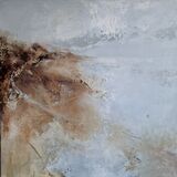 Minimal abstract work with a muted, light background and delicate, sketch-like lines, creating a quiet, still atmosphere that evokes the hush of a calm morning.