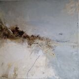 Abstract painting with a soft, muted background and delicate linear marks, creating a quiet, atmospheric sense of moving through a still early-morning landscape.