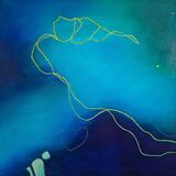A lone golden current drifts through blue depths, tracing the will of an unseen force.