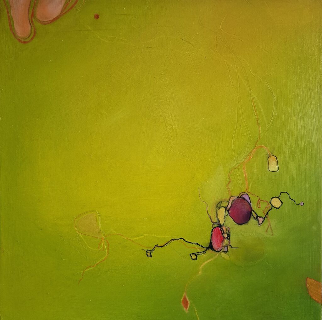 Two luminous presences hover in green radiance, guardians of a breathing threshold.
