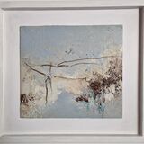 Cool-toned abstract work with muted blues, greys, and fine sketch-like lines, evoking the quiet comfort and stillness found in a peaceful winter landscape.