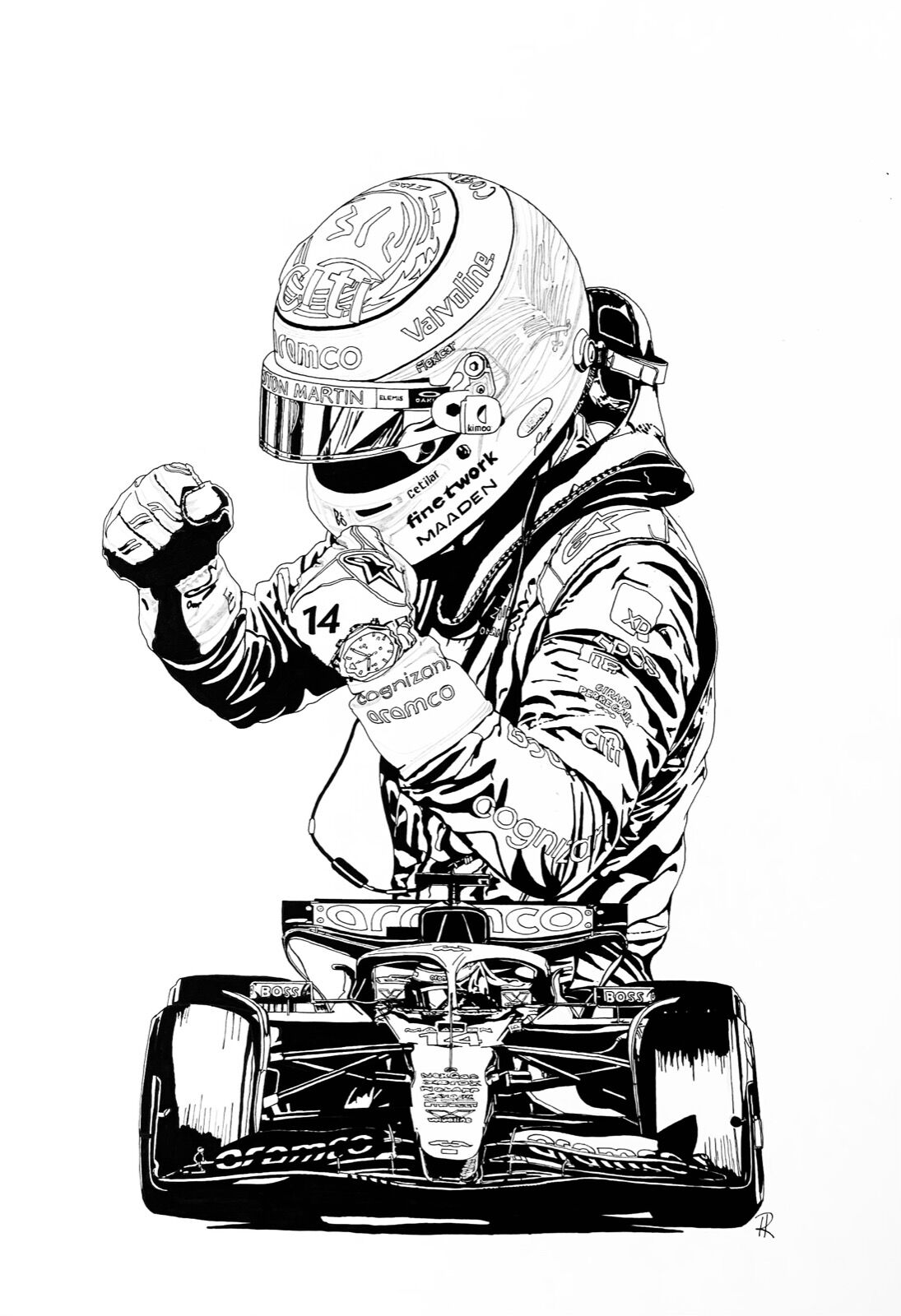 Alonso - Aston Martin (Sketch Variant) (A3 Print)